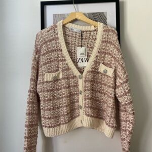 Zara Cream and Dusty Pink Bouclé Knit Cardigan